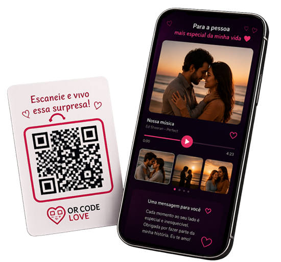 Celular exibindo a página de surpresa do QR Code Love com fotos, música e mensagem personalizada