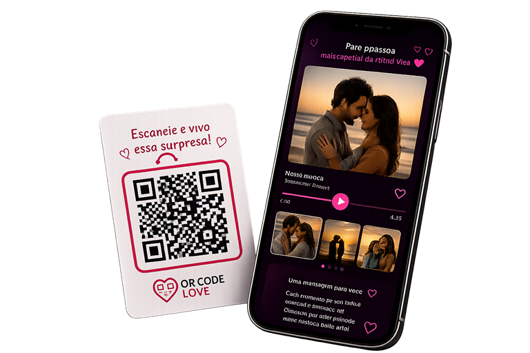 Celular exibindo a página de surpresa do QR Code Love com fotos, música e mensagem personalizada
